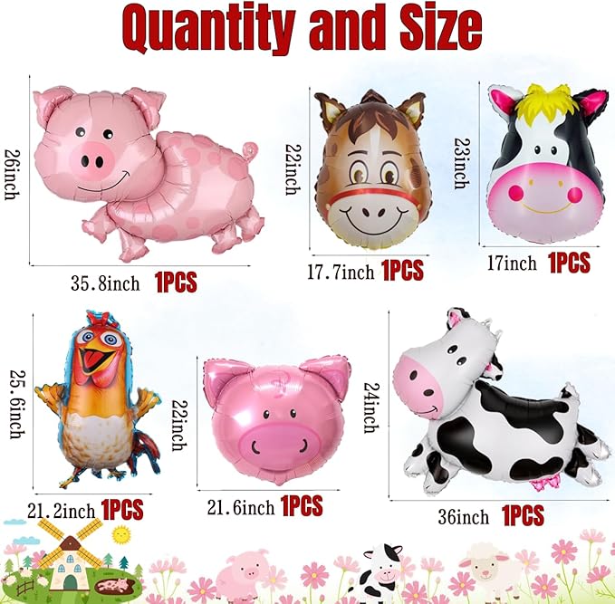 37pcs Farm Animal Theme Party Balloons, Cupcake Farm Cow Print Sheep Pig Donkey Mylar Foil Balloons Baby Shower Boy Girl Birthday Party Decor Supplies (red)