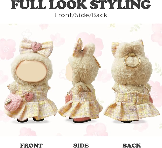 Clothes Compatible with Labubu Doll - 4PCS Classic Set, 17cm Doll Clothes Designer Outfit for Chic Daily Style, Cute Stylish Accessories, No Doll (Blush Tweed Chic)