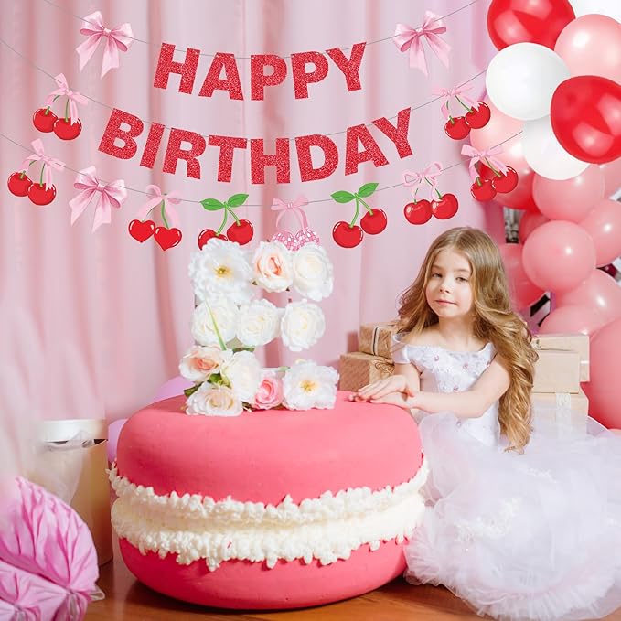 3 Pcs Cherry Birthday Party Decorations Red Glitter Happy Birthday Banner Colorful Hanging Decor Funny Banner Cutout Garland for Themed Decorations Bridal Shower Party Supplies