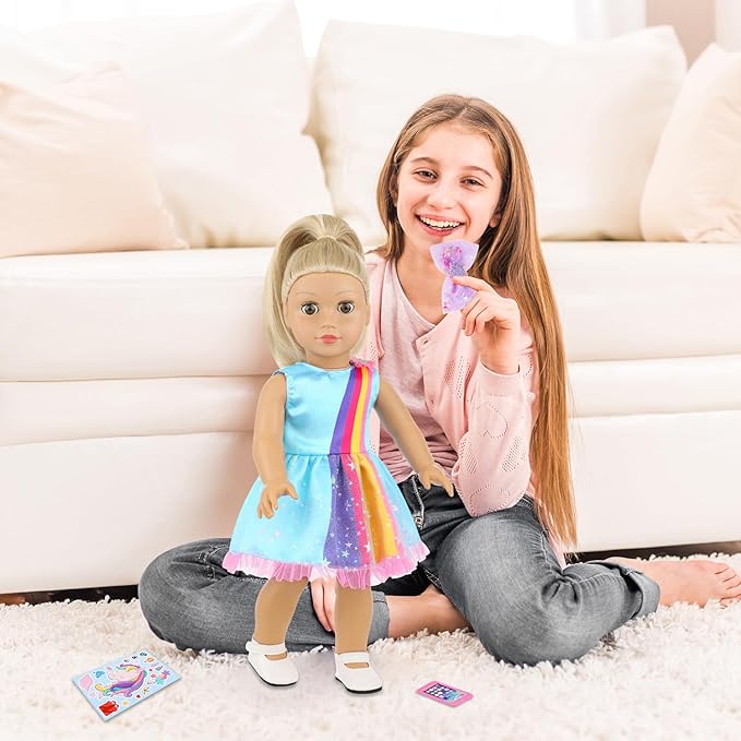 18 Inch Amercian Doll Clothes, 2 Set Girl Doll Clothes and Accessories for 18 Inch Dolls 7 Pcs Include Dress, Hair Clip , Phone, Shoes, Sticker, Top and Mini Skirt