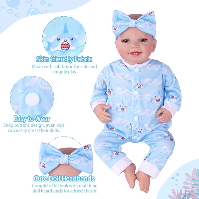 BABESIDE 5 Sets of Reborn Baby Doll Clothes with Doll Headband for 17-22 Inch Dolls, Realistic Baby Doll Clothes and Accessories Set with Various Cute Patterns for Real Life Baby Dolls