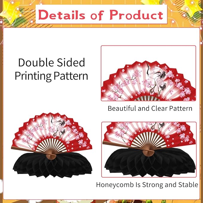 Gameza Hibachi Birthday Party Decorations - 9PCS Japanese Party Decorations Japanese Style Paper Fans Honeycomb Centerpieces Table Decor Asian Baby Shower Wedding Birthday Decor Supplies