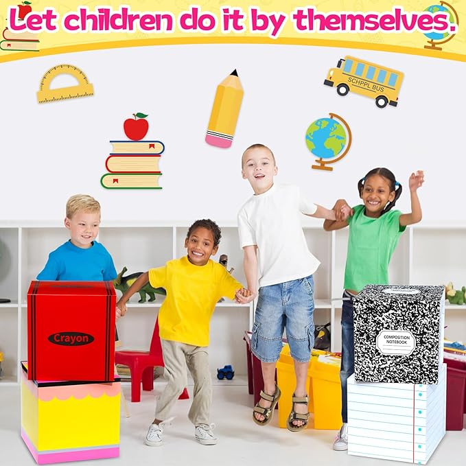Back to School Party Decoration Balloon Box Sets Includes Pencil Crayon Notebook Line Drawing Balloon Boxes with School Bus Book Globe Ruler Large Cards for Teacher Props Pencils Photo Prop Supplies