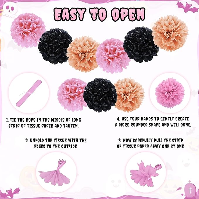 Pink Halloween Party Decorations Set,Include HAPPY HALLOWEEN Banner,Foil Balloons,Cute Hanging Swirl,Fringe Curtain,Paper Pompoms Indoor Outdoor Halloween Party Supplies