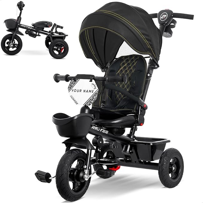 7-in-1 Tricycle for 18 Months to 5 Years, All-Terrain Rubber Tires, Dual Wheel Brakes, Rotatable Seat for Toddlers 1.5-3, Tricycle for 3-5 Years with DIY Stickers, Black