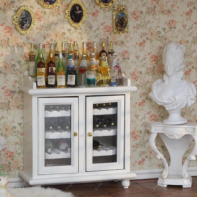 iLAND Dollhouse Furniture Mini Wine Cabinet Dollhouse Kitchen 1 12 Scale Furniture for Miniature Wine Bottles Wooden Doll House Shelf Mini House Décor Realistic Classic