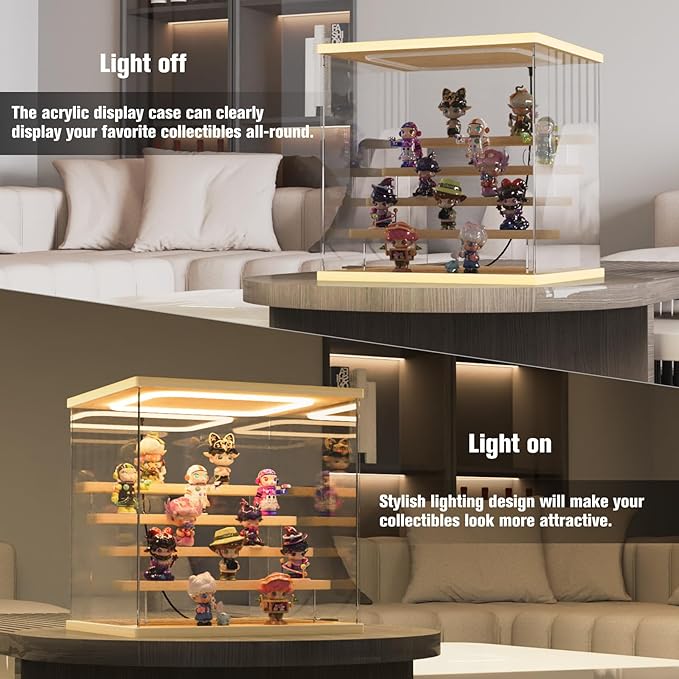Nynelly Acrylic Lighted Display Case for Collectibles, 5 Tier Figure Display Box with Door and Steps, Assemble Dustproof LED Showcase Storage Box for Mini Figures, Funko Pop, Toys, Wood Color