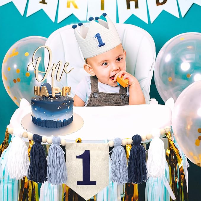 Baby Boy Blue White 1st Birthday Highchair Banner Wood Bead Tassel Garland Crown Hat Wooden Cake Topper Photo Backdrop