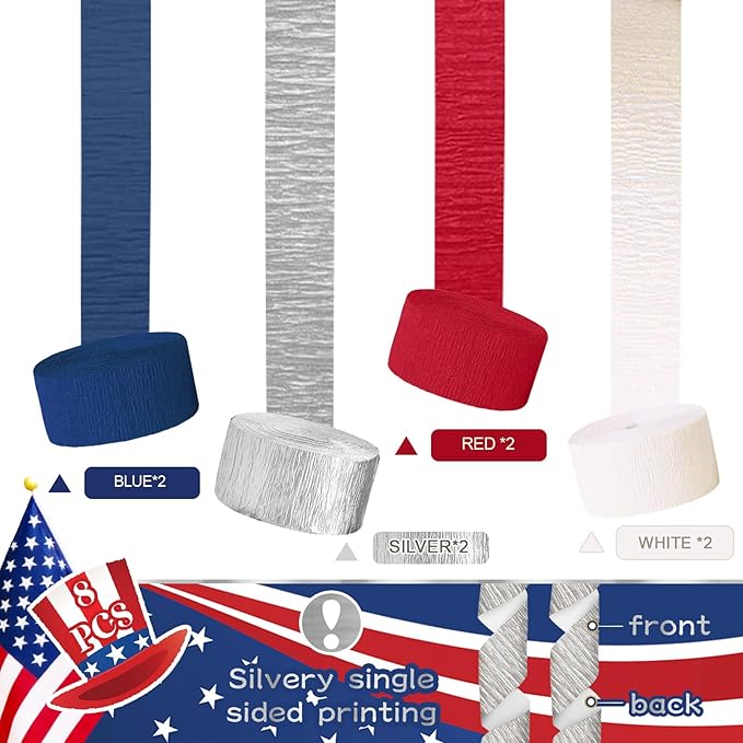 NICROLANDEE Patriotic Decorations - 8 Rolls Red White Blue Crepe Paper Streamers Tassels Streamer Paper for 4th of July Decorations Independence Day Memorial Day American Theme Party Decorations