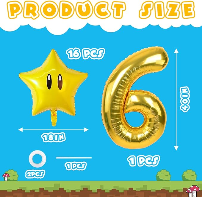 16PCS Foil Star Balloons, 40Inch Number 6 and Star Foil Balloons For Game Party 6th Birthday Party Decorations Children Party Supply Party Decor （6th）