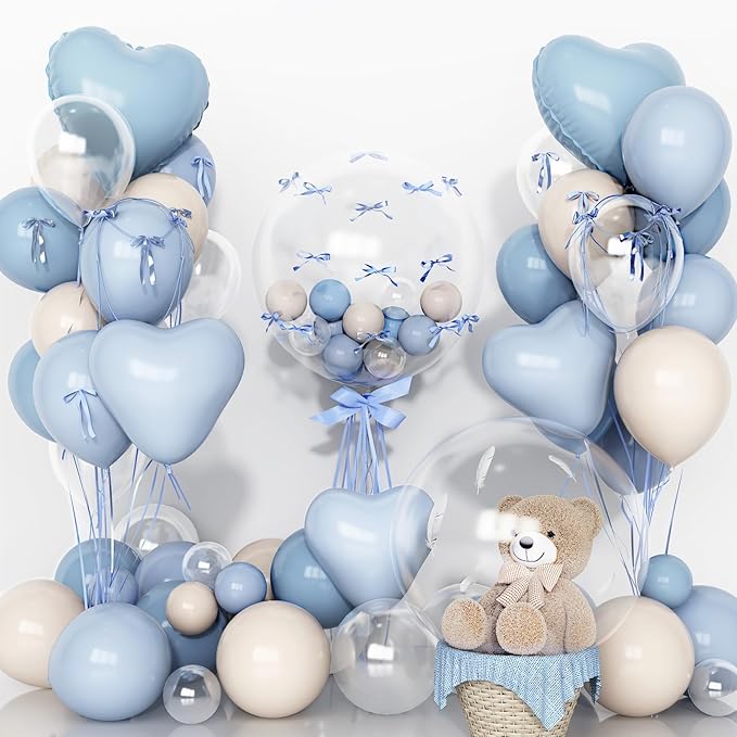 Baby Light Blue Cream Balloons Party Decorations, 20 Inch Bobo Pale Pastel Blue and White Sand Balloons Heart Mylar Shape Balloon, OH Baby Shower Foil Balloon as Boys Girls Birthday Decor