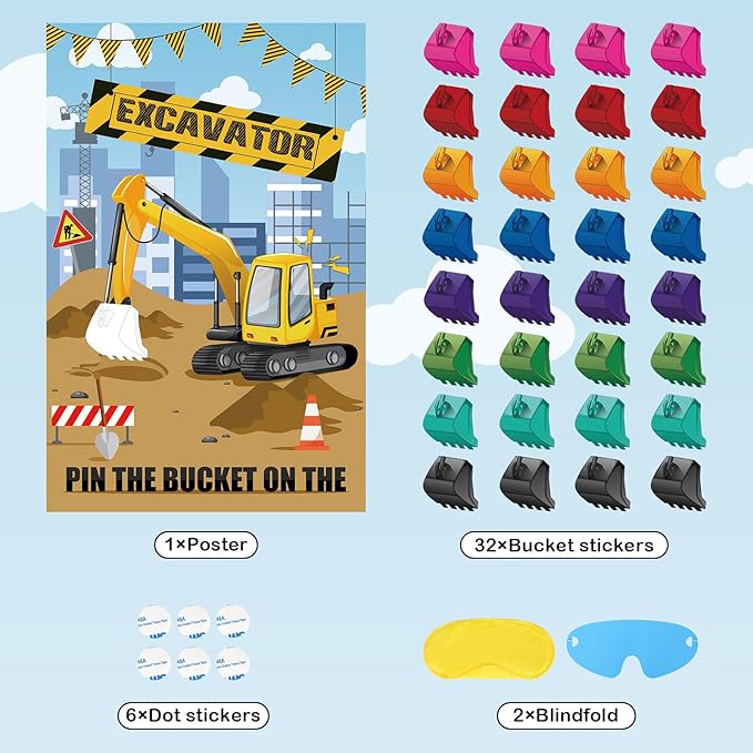 Hxezoc Pin The Bucket on The Excavator Game With 32 Pcs Buckets Large Construction Party Games Poster for Kids Birthday Party Construction Party Supplies