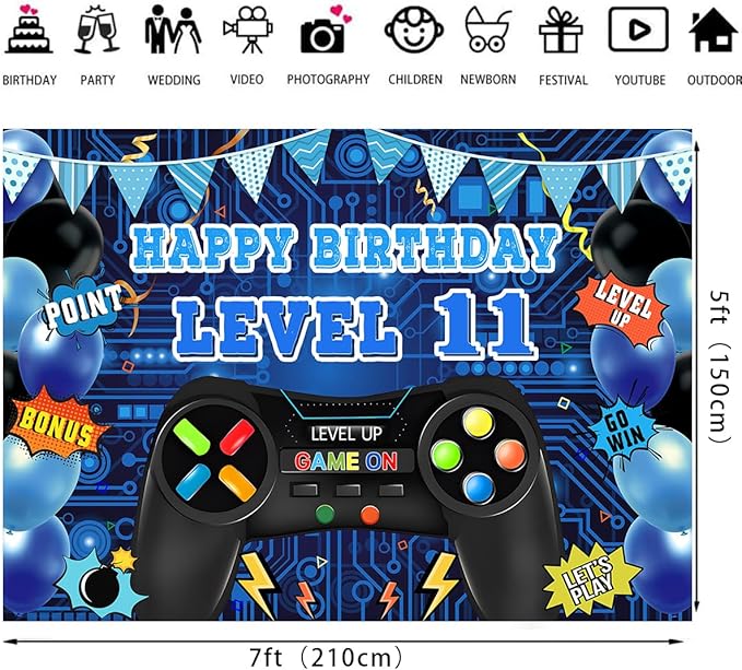 Game Theme Level 11 Birthday Backdrop Video Game Happy 11th Birthday Party Decorations Level Up Theme Boys Kids Birthday Party Supplies(7×5FT)
