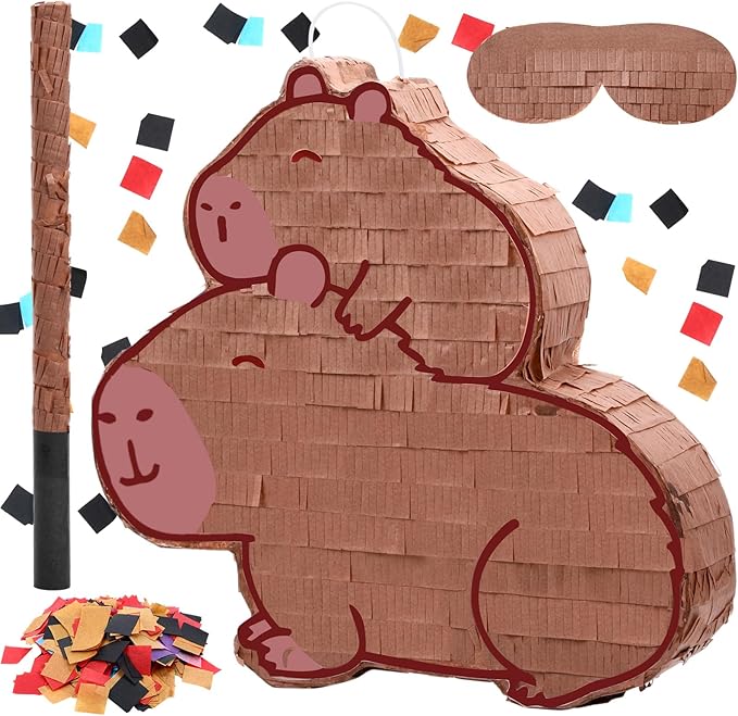 Capybara Piñata for Kids Birthday Party 15.4 x 14.7 Inches Mommy with Baby Animal Family Piñata with Bat Blindfold and Confetti for Baby Shower Photo Props Holiday Decoration