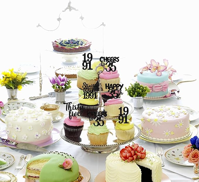 30PCS Black 35th Birthday Cupcake Toppers Glitter Thirty Five Happy 35 Straight Outta 1991 Cupcake Picks for Cheers to 35 Years 35th Birthday Anniversary Party Cake Decorations Supplies