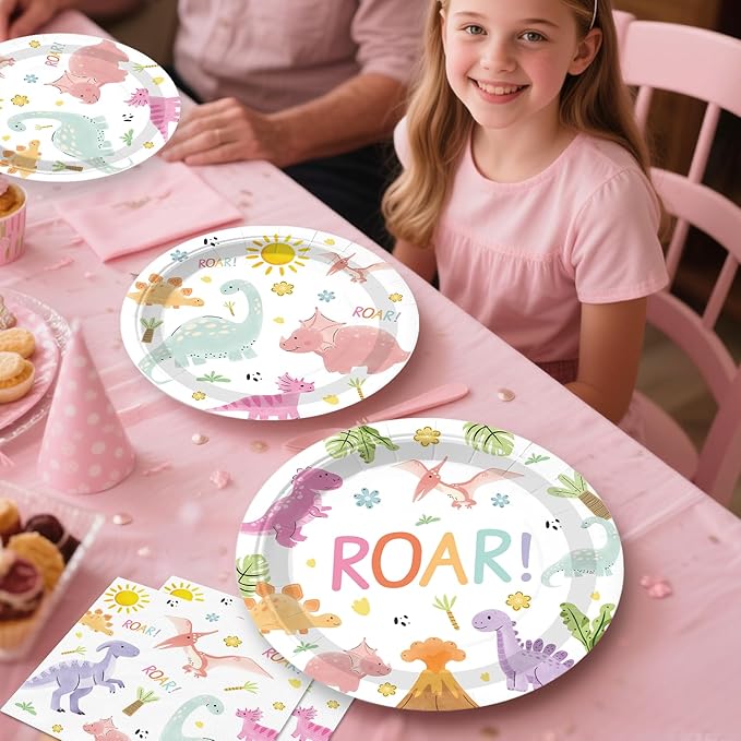 Xynic 201 Pcs Pastel Dinosaur Birthday Decorations Girl, Dinosaur Birthday Banner, Cupcake Toppers, Disposable Table Cloth, Plates and Napkins Pink Watercolor Cute Girls Dino Theme Party Supplies