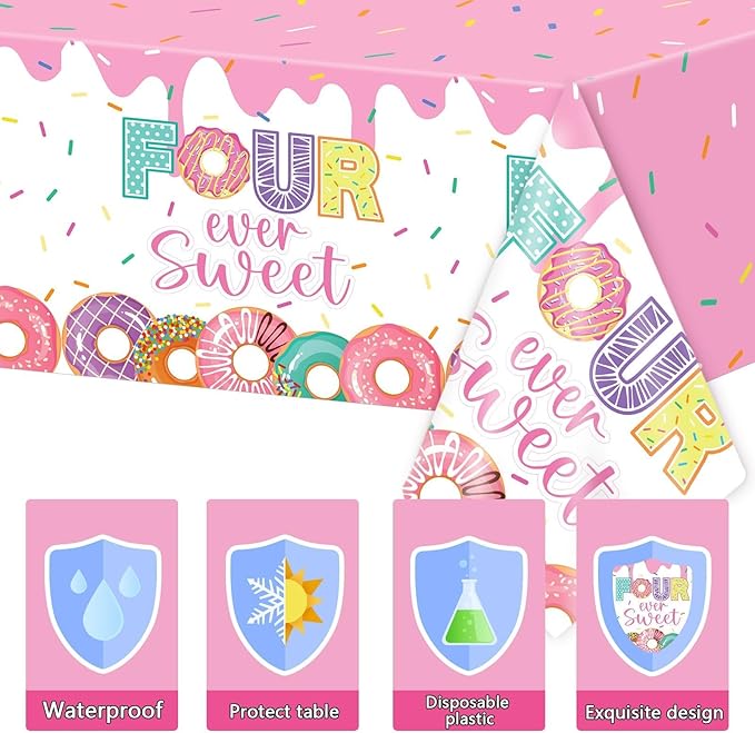 98 Pieces Four Sweet Donut Birthday Party Supplies for 24 Guests Girls Donut Tableware Set Baby Girl 4th Birthday Donut Plates and Napkins Tablecloth Party Decorations Dinnerware Party Favors