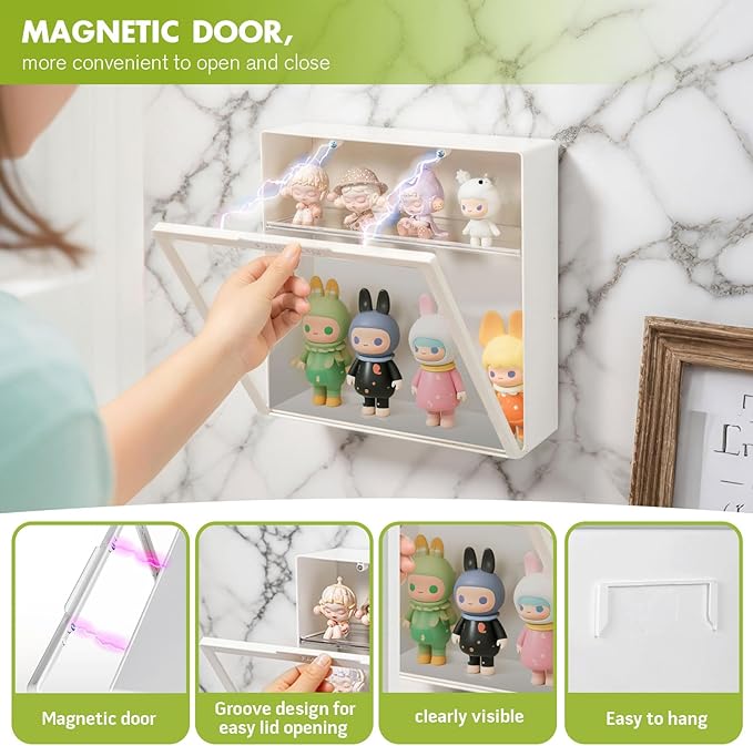 loobuu 2 Tiers Clear Display Case for Figures, Adjustable Stand Acrylic Storage Organizers Box with Magnetic Door, Wall-Mounted Dustproof Showcase for Collectibles Action Figure