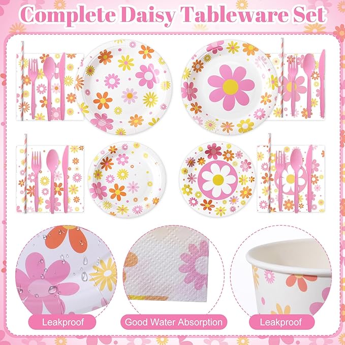 450 Pcs Daisy Groovy Tableware Set Decorations Boho Daisy Flower Paper Plates Napkins Cups Cutlery Straws for Boho Hippie Retro Birthday Baby Bridal Shower Wedding Tea Party, Serves 50
