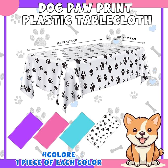 4 Pack Puppy Dog Pet Paw Print Plastic Tablecloth 54 x 108 Inches Purple Teal Pink Table Cover Paw Print Disposable Rectangle Table Cover for Pet Blue Dog Birthday Party Supplies
