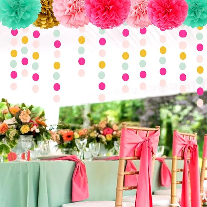 Mint Blush Hot-Pink Gold Party-Decorations - 30pcs Tissue Pom Poms Streamers, Girls Birthday Tassel Garland Banner,Wedding Engagement Baby Bridal Shower Bachelorette Brunch Decor Ouruola
