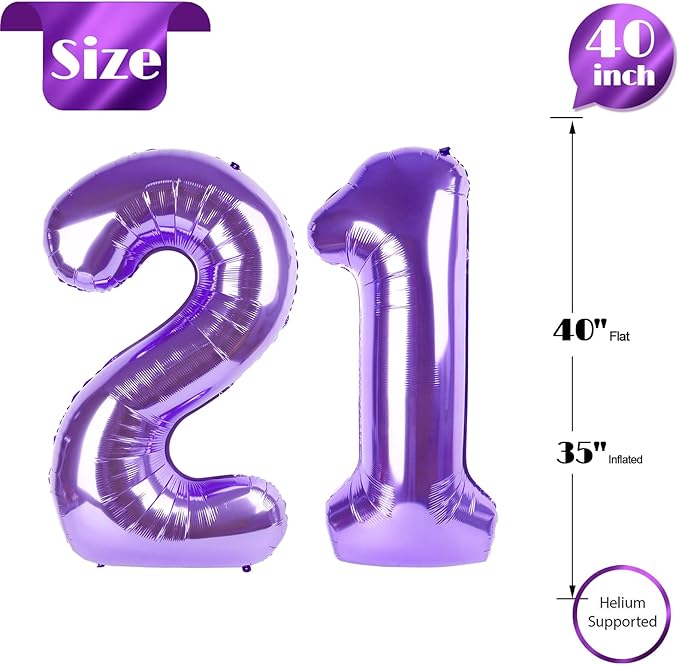 Purple Number 21 Balloon 40 inch, 21 Number Balloons, 21th Purple Birthday Decorations, 21 Year Old Girls Boys Party Supplies