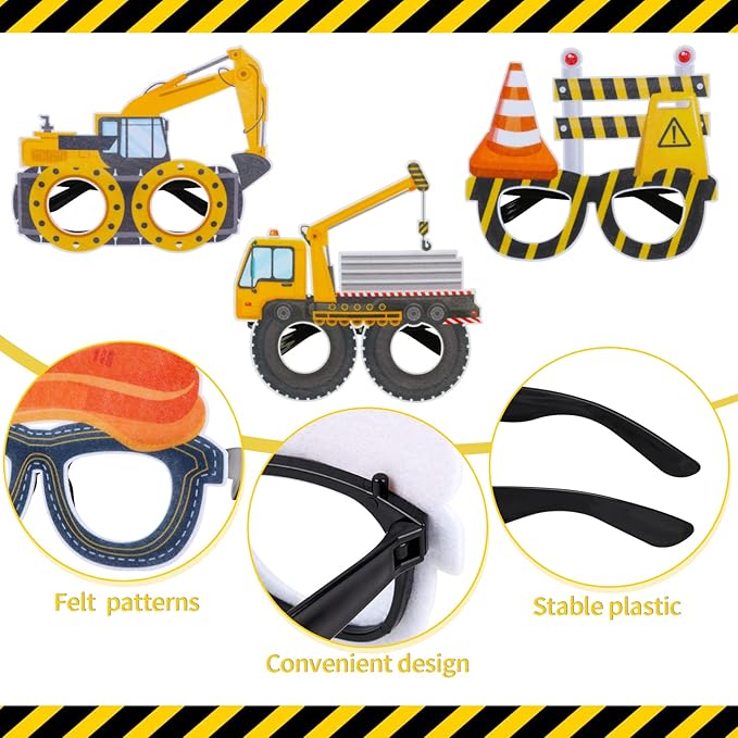 Construction Party Supplies 12PCS Construction Party Felt Glasses with Tractor Excavator Dump Truck Plastic Construction Toys Gift for Kids Toddlers Construction Birthday Party Decor Supplies