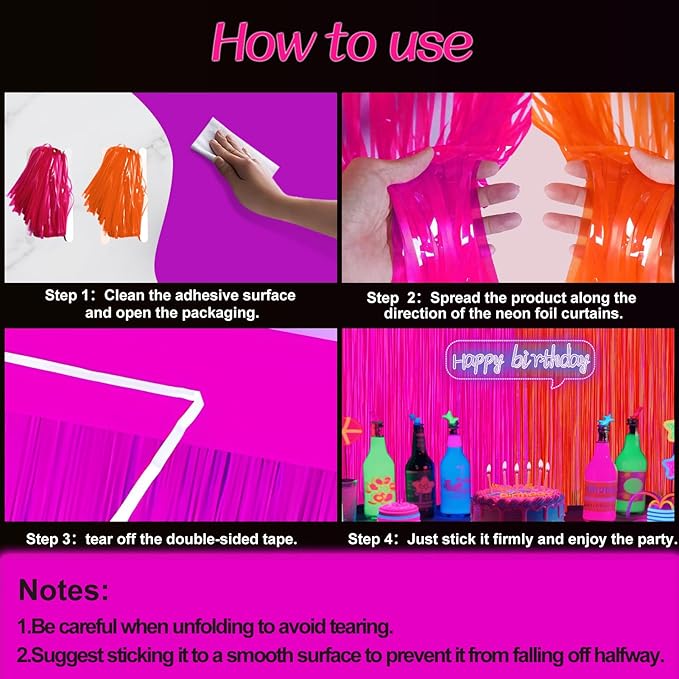 Glow in The Dark Party Supplies 2 Pack Neon Party Decorations Fluorescent Tinsel Foil Fringe Curtains Photo Booth Prop Backdrop Streamer Blacklight Decorations (Neon Hot Pink+Neon Orange)