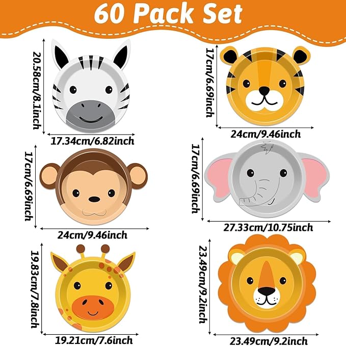 60 Count Jungle Safari Party Paper Plates Animal Shaped Disposable Plates Safari Theme Party Plates Safari Birthday Party Dinnerware Plates for Birthday Baby Shower Jungle Animal Theme Party Favors