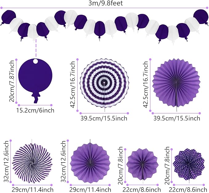 Party Decorations, Purple Papar Fans Pompoms Garlands for Women Girls Mothers Day Bachelorette Wedding Birthday Baby Showers Valentine's Day Party Decorations