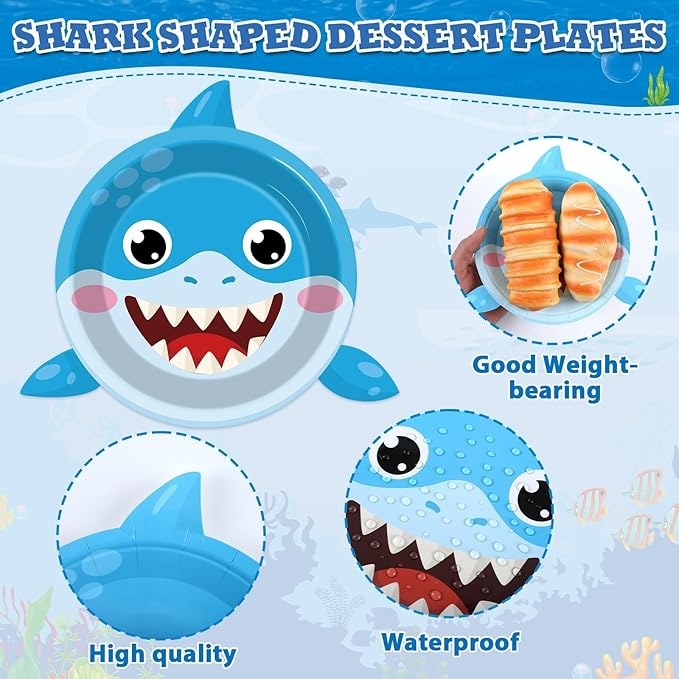 60pcs Ocean Animal Party Plates Shark Shaped Dessert Plates Party Supplies Under the Sea Tableware for Kids Boys Girls Birthday Preschool Underwater Shark Theme Baby Shower Party Decorations Favors 7"