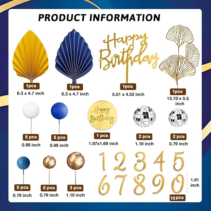 42Pcs Blue White Gold Balls Cake Topper Decorations with Disco Balls Palm Ginkgo Leaves Acrylic Numbers 0-9 and Happy Birthday Cake Decor for Boho Wedding Baby Shower Birthday Party Supplies