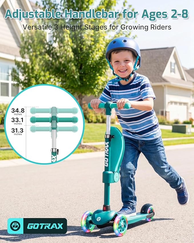 Gotrax KS3 Kids Kick Scooter, LED Lighted Wheels, Adjustable Height Handlebars and Removable Seat, Lean-to-Steer & Widen Anti-Slip Deck, 3 Wheel Scooter for Kids Ages 2-8 and up to 110 Lbs
