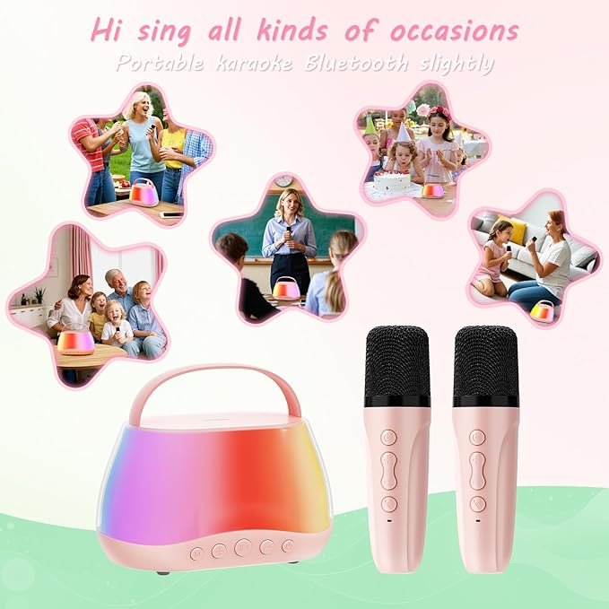 Portable Bluetooth Mini Karaoke Machine with 2 Wireless Microphone & LED Lights, Mini Karaoke Speaker for Kids & Adults, Birthday for Girls Boys Ages 3-12, Pink