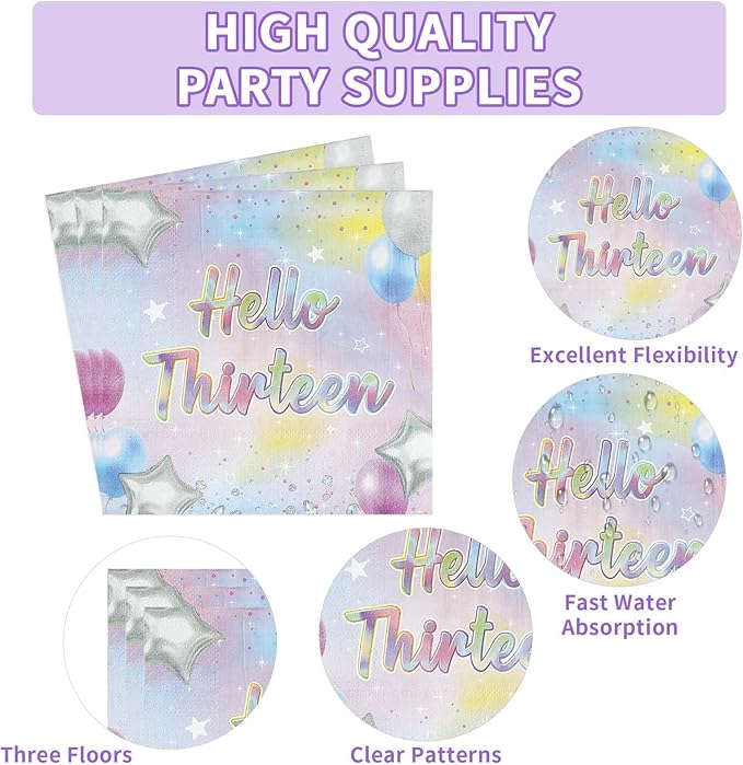 96Pcs 13th Birthday Decorations Iridescent 13th Party Plates and Napkins Disposable 350GSM Official Teen Birthday Tableware Set for Teen Girls Happy 13 Year Old Party Supplies, Serves 24