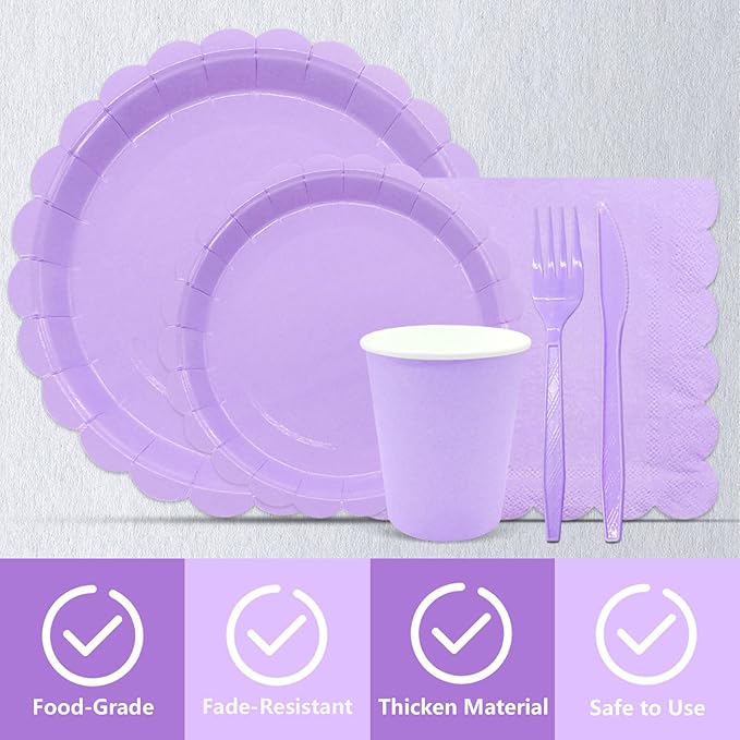144Pcs Purple Party Supplies Purple Party Tableware Sets Serve 24 Guests Includes Paper Plates Cups Napkins For Wedding Baby Shower Birthday Party Decorations