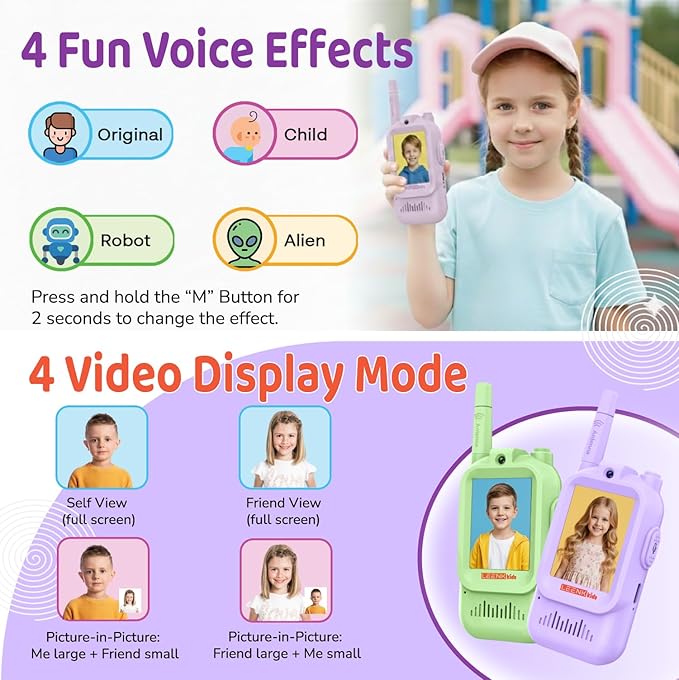LEENK Video Walkie Talkies for Kids 2 Pack – Rechargeable Video Intercom Handheld, Indoor & Outdoor Range, Easy Use for Ages 3-12, Eco ABS, Clear Voice & Long Distance Communication (Green & Purple)