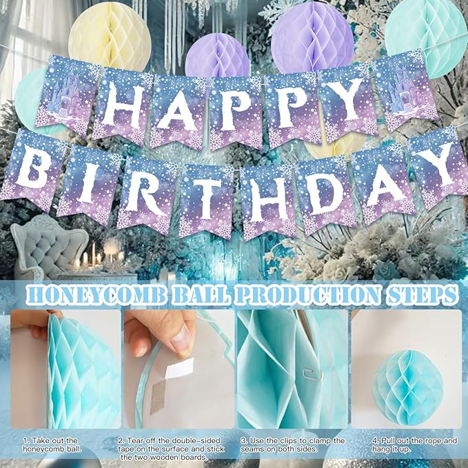 Frozen Birthday Party Decorations, Princess Party Supplies Winter Theme Happy Birthday Banner, Honeycomb Balls, Hanging Swirls, Snowflakes for Princess BirthdayS Decoration Girl Party