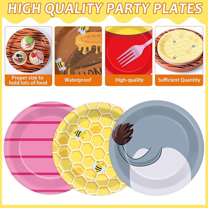96PCS Cute Bear Birthday Party Plates and Napkins Set Cartoon Bears Theme Party Favor Decor Classic Bear Paper Tableware Dinnerware Set for Home Kids Baby Shower Birthday Parties Decorations Supplies