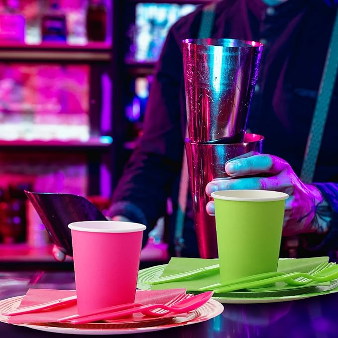 Tioncy 350 Pcs Neon Glow Party Supplies Serves 50, Including Disposable 9 Inch 7 Inch Paper Plates Napkins Cups and Plastic Forks Knives Spoons for Neon Party Decorations Fiesta Birthday Supplies