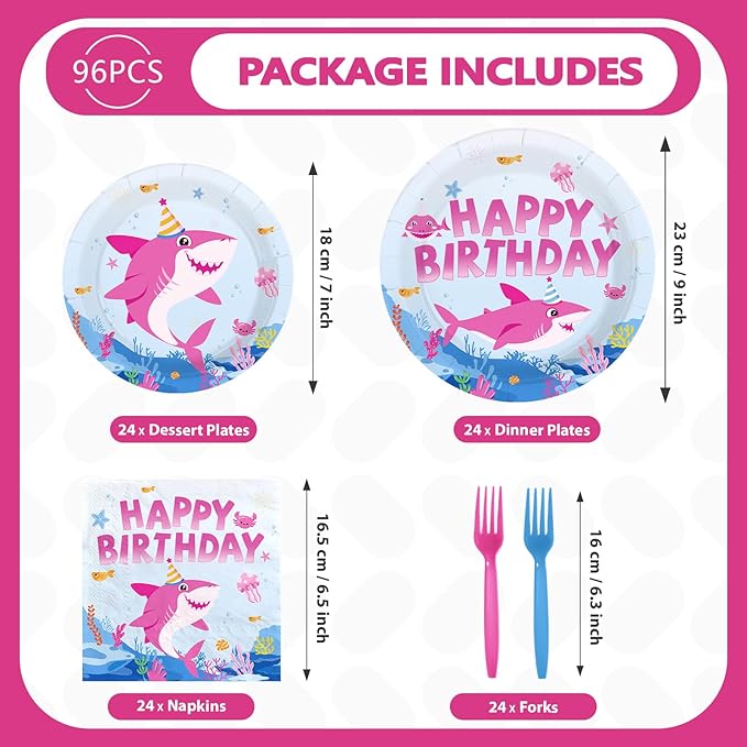 96Pcs Pink Shark Birthday Party Decorations for Baby Girl Shark Plates and Napkins Pink Babyshark Tableware Set for Girls Ocean Beach Under The Sea Birthday Party Supplies，Serves 24