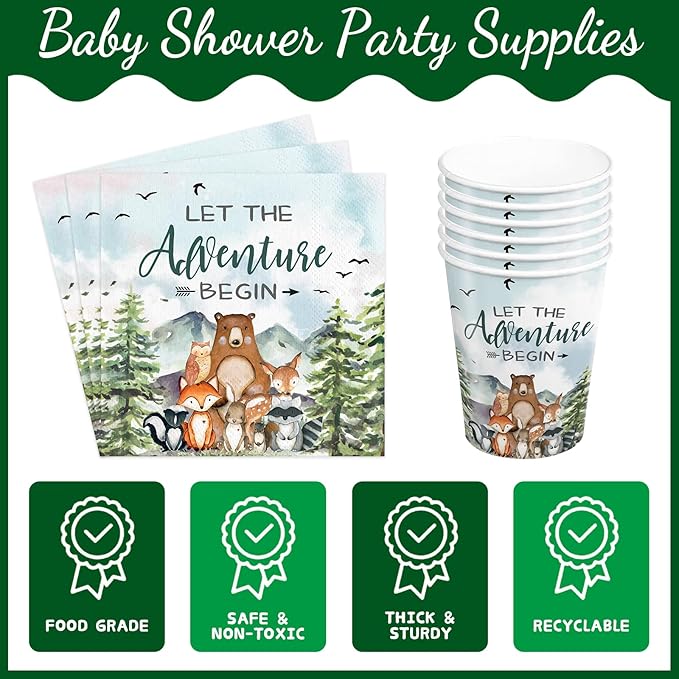 231pcs Let The Adventure Begin Party Supplies Baby Shower Plates Napkins Adventure Tableware Set Disposable Cups Forks Tablecloth Banner and Balloons for Baby Shower Party Decorations Serve 24
