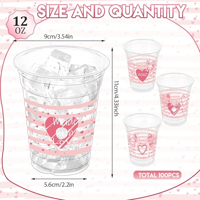 100 Pcs Valentine's Plastic Cups,12 oz Valentine's Disposable Cups Valentines Party Theme Cups Pink Red Heart Cups for Anniversary Wedding Birthday Dinner