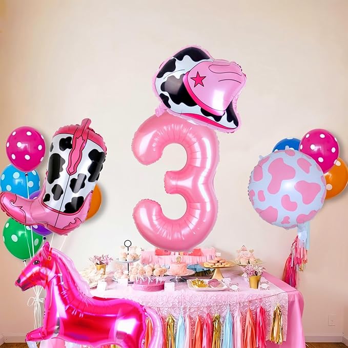 Cowgirl Balloons Pink Girl 3rd Rodeo Birthday Party Decorations, Disco Girl Horse Hat Boot Cow Balloons Western Theme Farm Birthday Party Decorations Supplies Decor (32Inch Pink 3 Balloon)