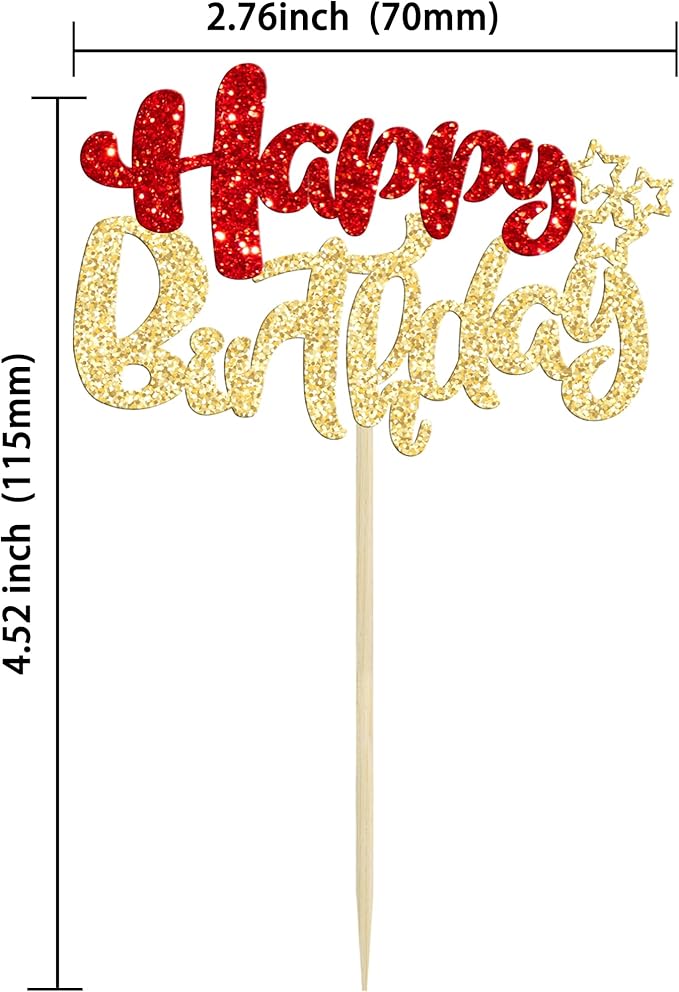 Ephlyn 24Pcs Happy Birthday Cupcake Toppers Double Layer Glitter Happy Birthday Cake Decorations for Christmas Theme Baby Shower Anniversary Party Decorations Supplies Red Gold