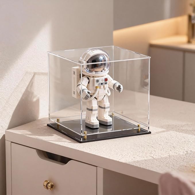 Acrylic Display Case for Collectibles, Dustproof Acrylic Box with Clear Display Elevation & Gold Risers, Large Display Case for Figures Toys Memorabilia, 9" L x 9" W x 9" H