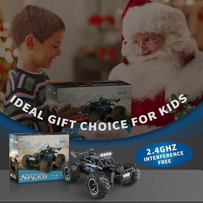 Carox Remote Control Car, 2.4GHz 25KM/H High Speed RC Car, 1:18 Off-Road Monster Truck with LED Lights and 1800mAh Rechargeable Battery – Ideal Gift for Boys 6+