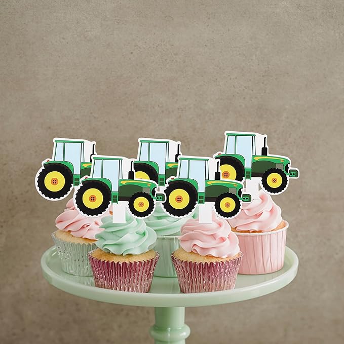 35 Pack Farm Tractor Cupcake Toppers Tractor Truck Car Cupcake Picks Tractor Card Cupcake Decorations for Construction Theme Baby Shower Boys Birthday Party Supplies Green