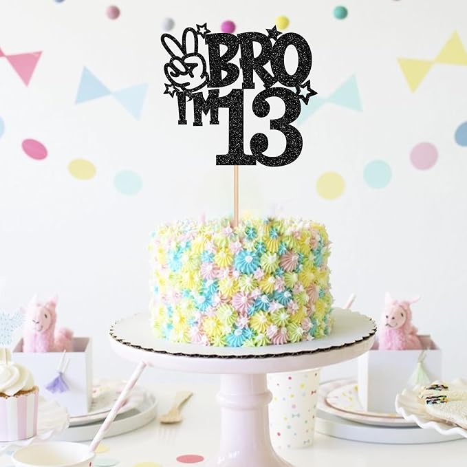 1 PCS Brother I'm 13 Cake Topper Glitter Star Happy 13th Birthday Cake Pick Bro I'm 13 Cake Decoration It's My 13th Birthday Decorations for Boys Cheers to 13 Years Old Birthday Party Supplies Black