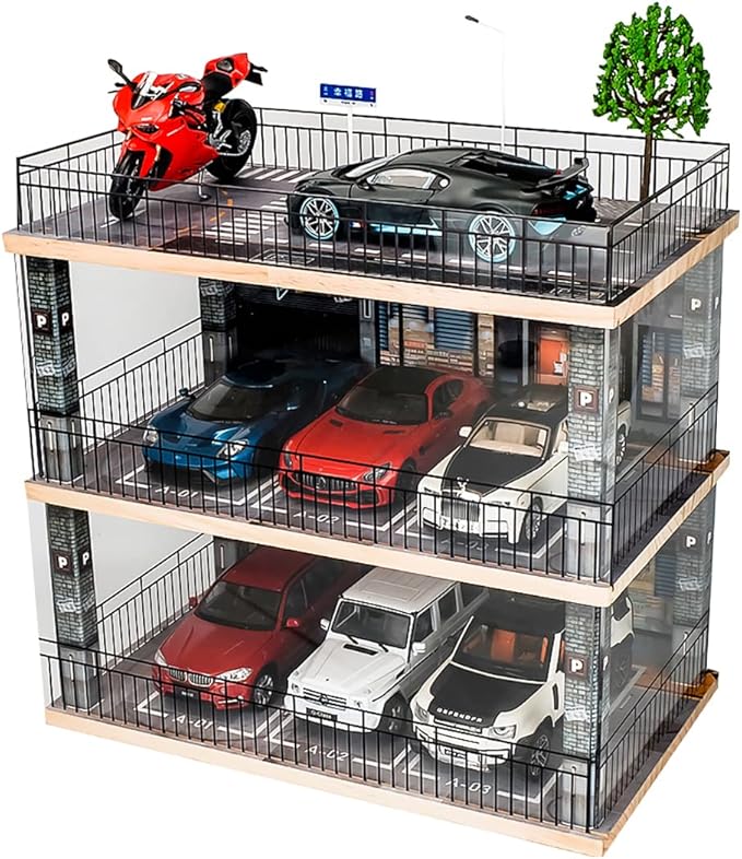 1:24 Scale Car Model Display Case with Parking Lot Scene for Sports Car and Lego Collectors, Display Stand for Alloy Car Model Toy with Light (3-Tiers Coffee Shop Parking Lot)